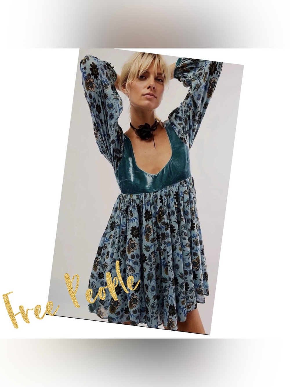 Free People Marsha Mini Dress Floral Babydoll Teal Velvet Trim NWT Medium